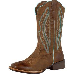 SheSole Western Boots Women's Brown Tan Faux Leather Square Toe Wide Mid Calf